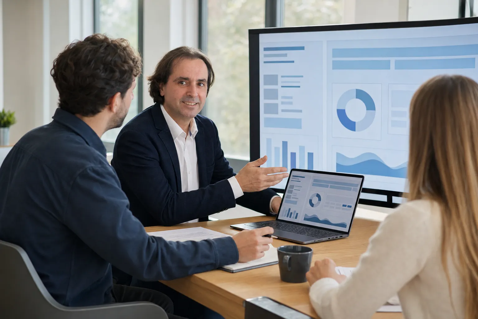 Carlo D'Este bespricht mit einem Projektteam Funktionen und Kennzahlen eines Webportals