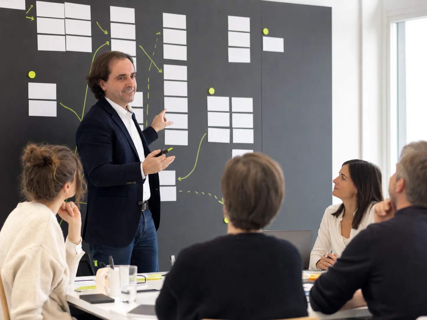 Carlo D'Este moderiert mit einem Team einen Workshop an einer Planungstafel