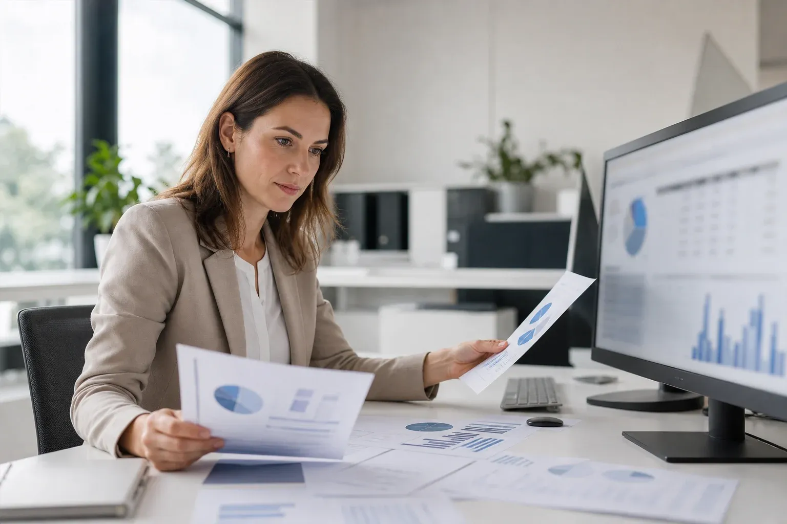Analystin vergleicht Flottenkennzahlen auf Ausdrucken und am Monitor