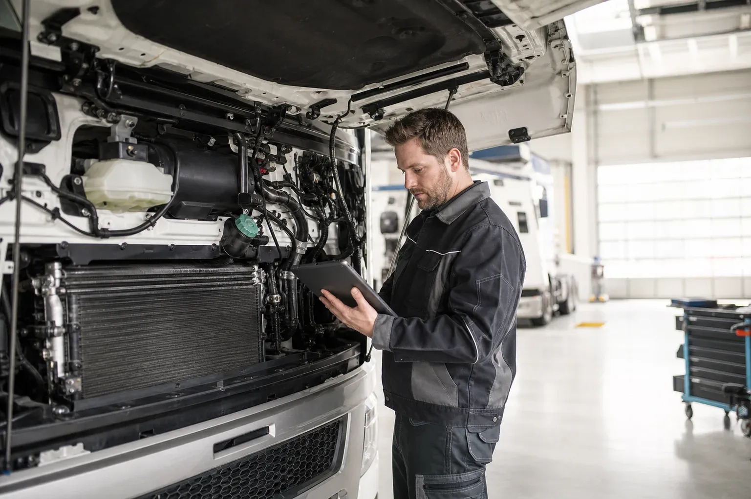 Mechaniker mit Tablet in einer LKW-Werkstatt