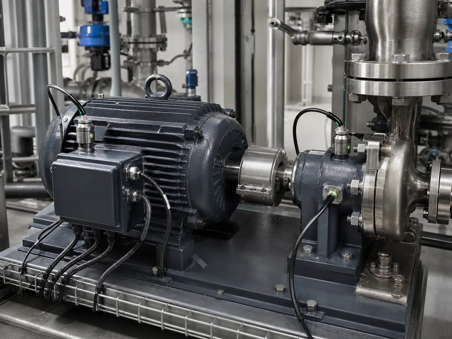 Industrieller Motor und Pumpe mit direkt montierter Zustandsmesstechnik