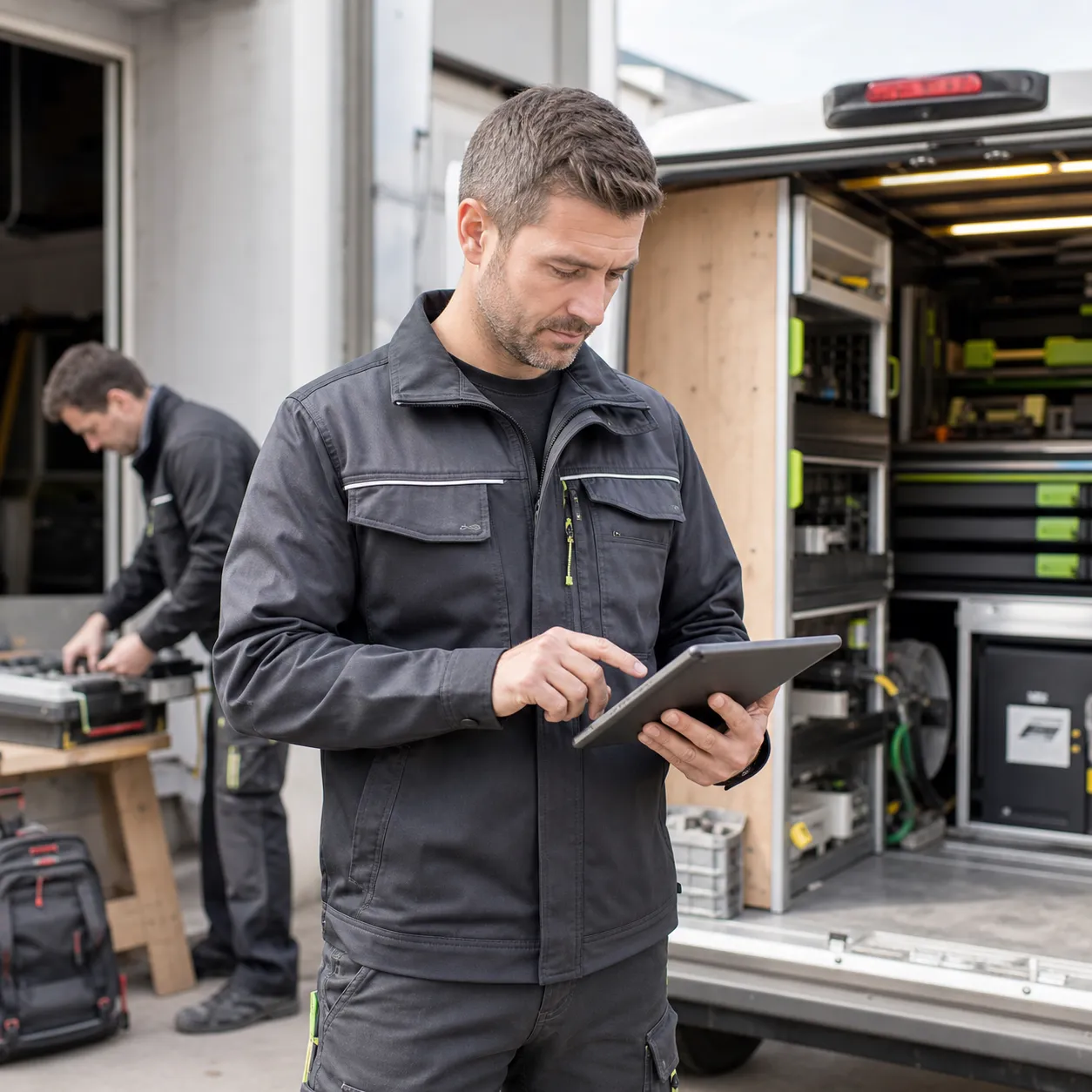 Handwerker nutzt eine mobile Auftrags-App am Servicefahrzeug