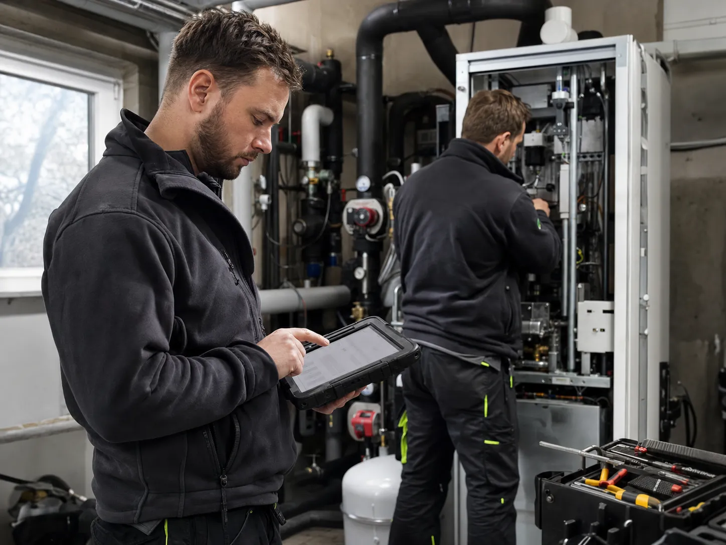 Servicetechniker dokumentiert eine technische Prüfung auf einem robusten Tablet