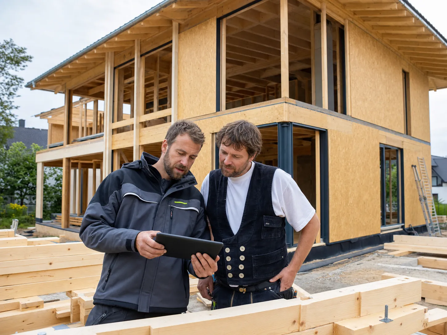 Bauleiter und Zimmerer koordinieren ein teilweise beplanktes Holzbauprojekt