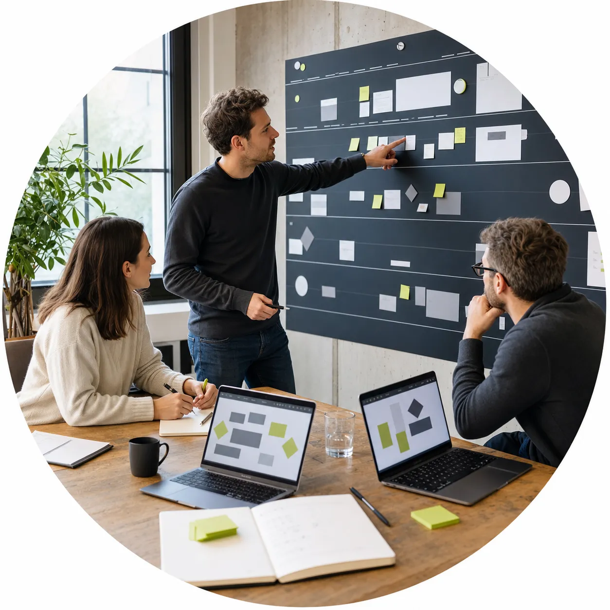 Projektteam plant Meilensteine und Verantwortlichkeiten an einem Projektboard