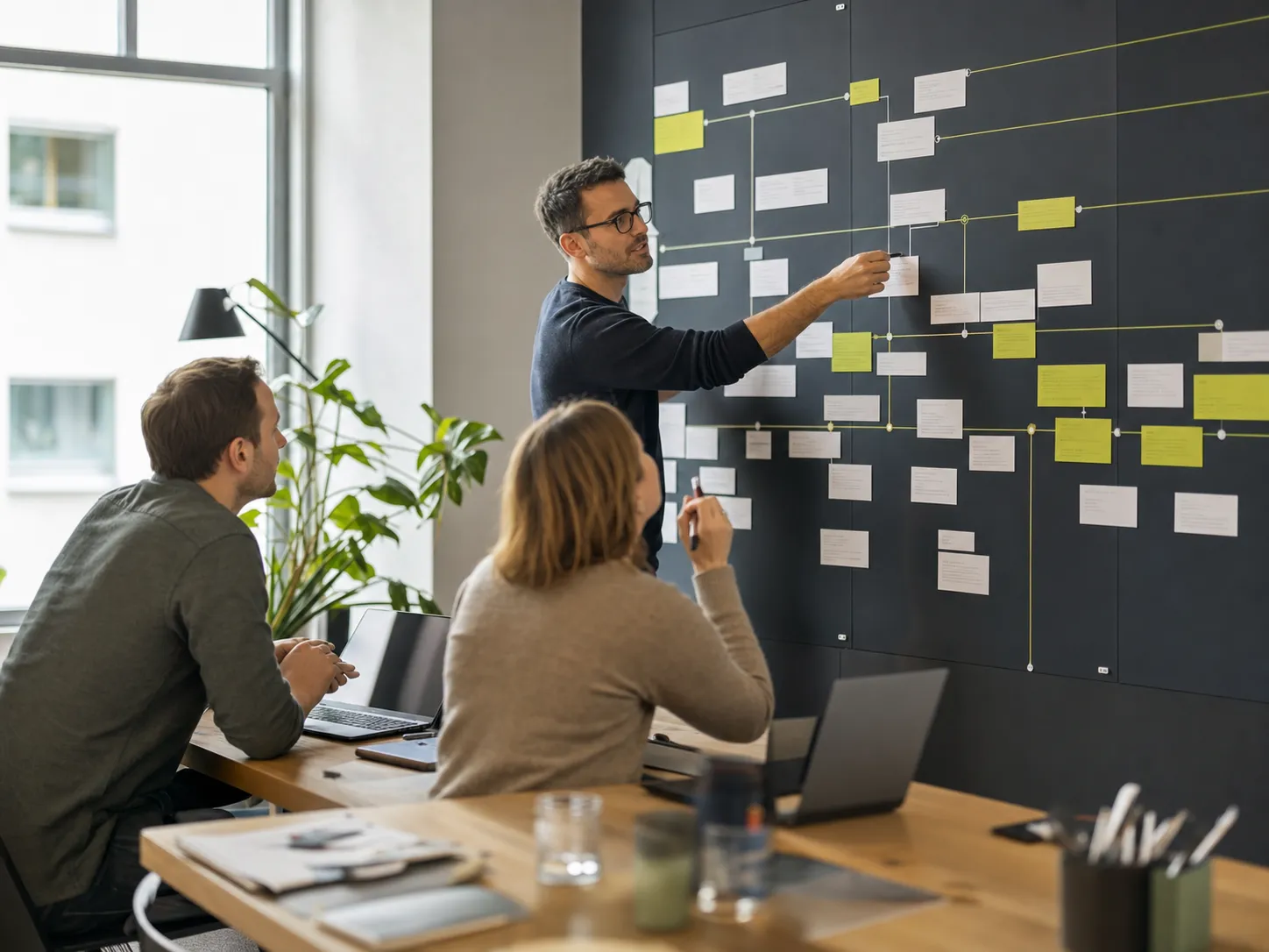 Projektteam plant Meilensteine und Abhängigkeiten an einer großen Projektwand