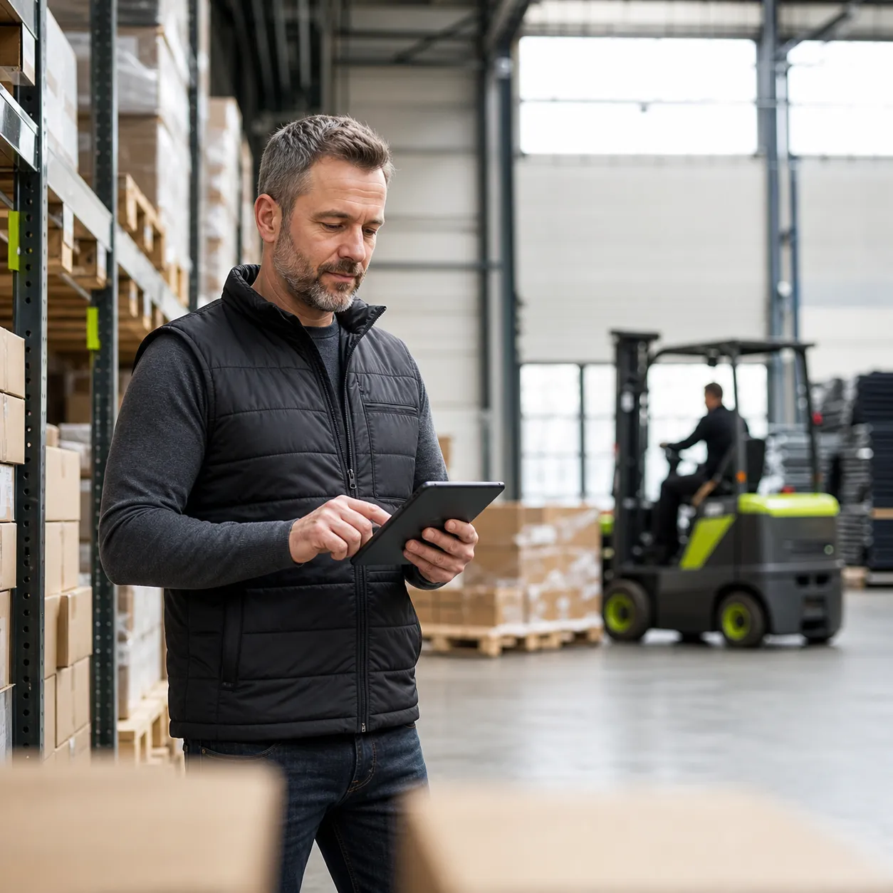 Lagerleiter arbeitet mit Tablet und Barcode-Prozessen in einem modernen Lager