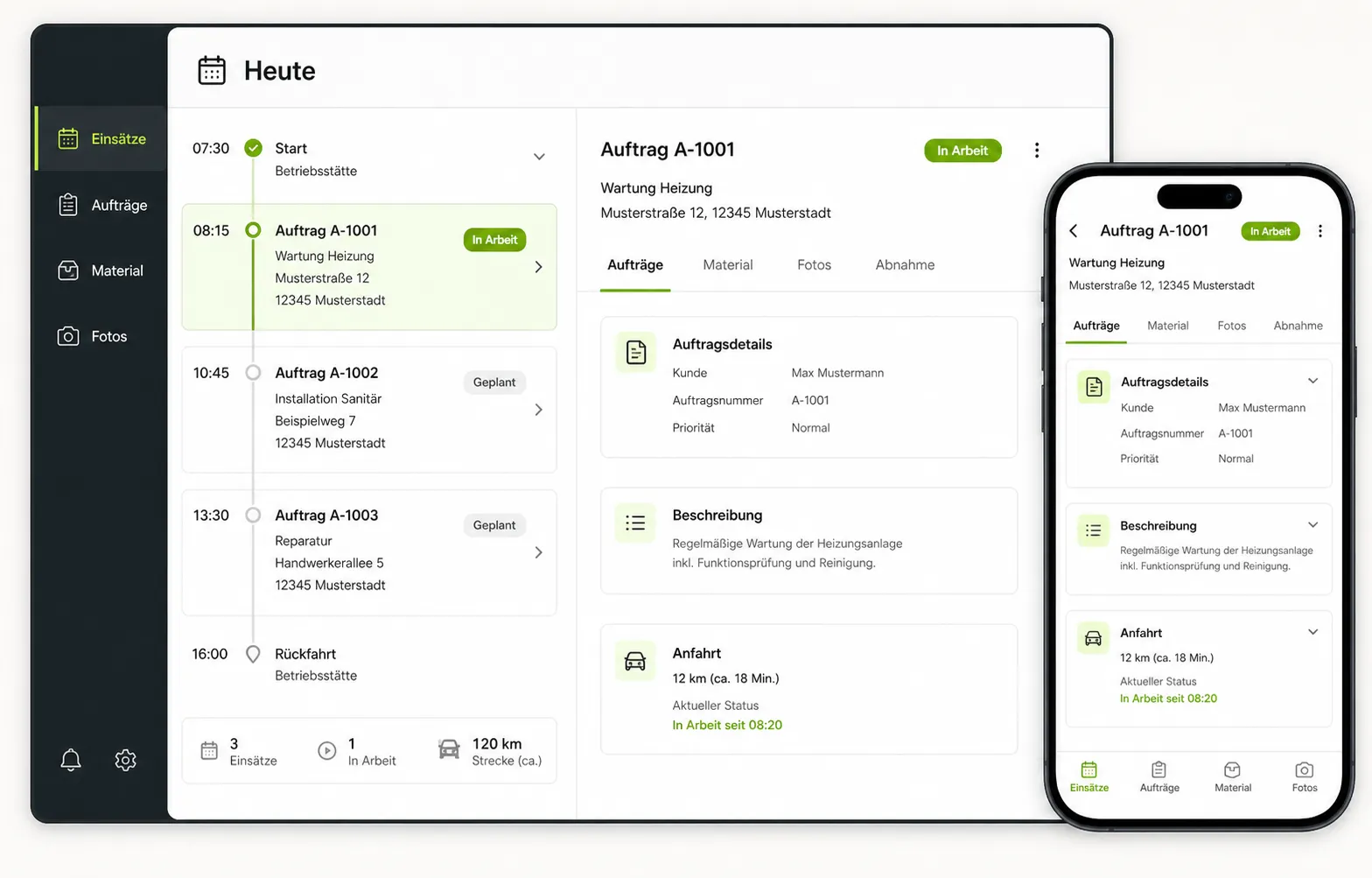 Konzeptansicht einer Handwerk-App mit Einsatzplanung und mobiler Auftragsbearbeitung