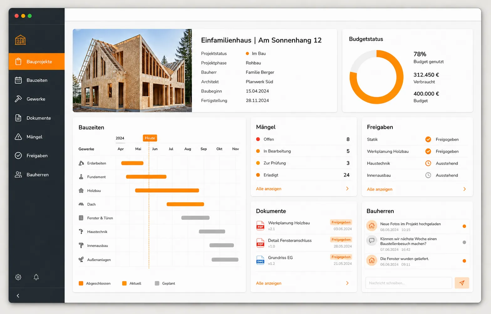 Konzeptansicht einer orangefarbenen Hausbau-Plattform mit Holzhaus, Bauzeiten, Mängeln und Bauherrenportal